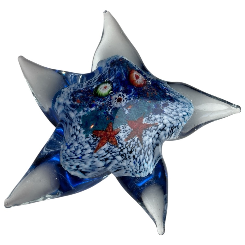 Art Glass Starfish Paperweight – Ocean Theme Blue & Clear Millefiori Design